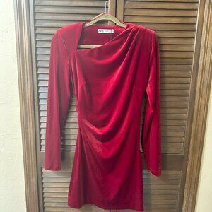 Zara Asymmetrical Red Velvet Mini Dress!